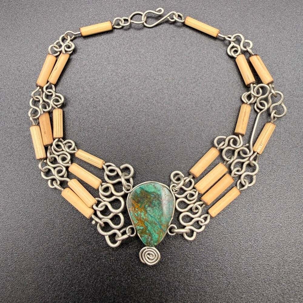 Vintage Turquoise Silver Tone Chain Link Bracelet Bone Bead Boho Multi Strand